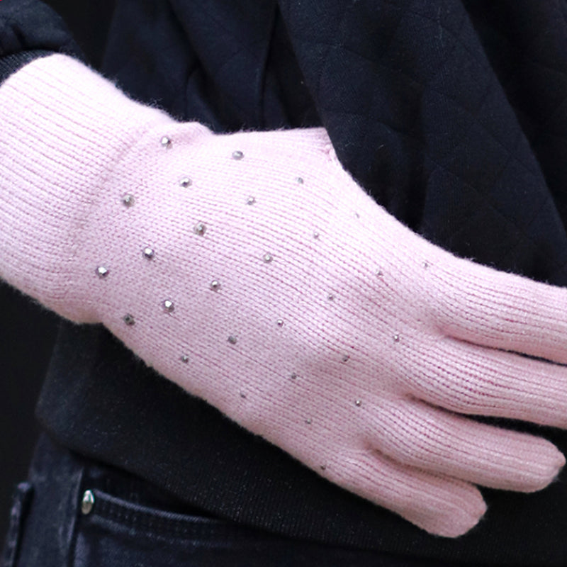 (a34b) P.O.M. Pink Embellished Ladies Knitted Gloves And Headband Set
