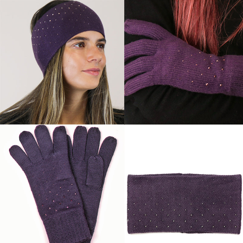 (a34a) P.O.M. Aubergine Embellished Ladies Knitted Gloves And Headband Set