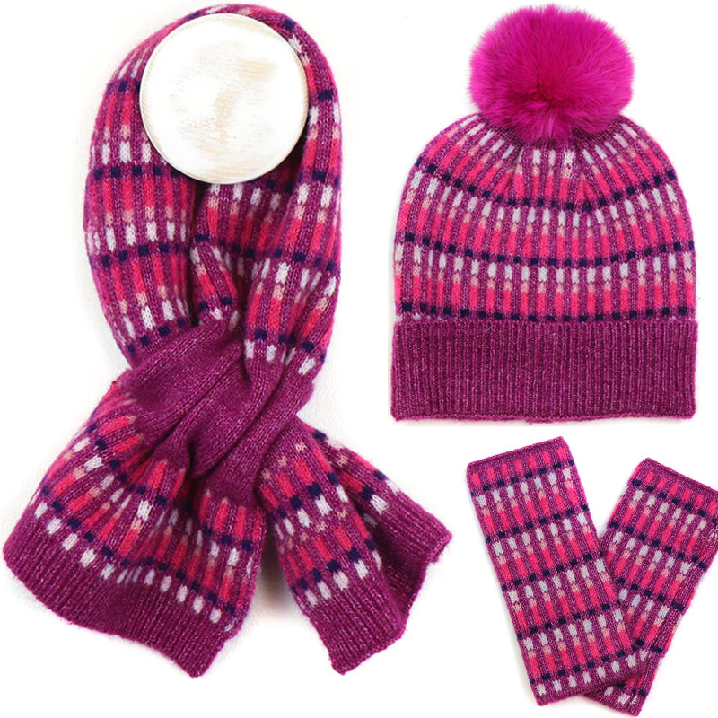 () P.O.M Fuschia Pull Through Scarf And Bobble Hat And Wrist Warmers Set