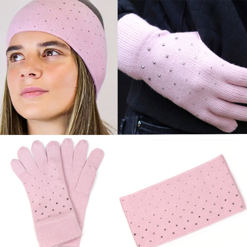 (a34b) P.O.M. Pink Embellished Ladies Knitted Gloves And Headband Set