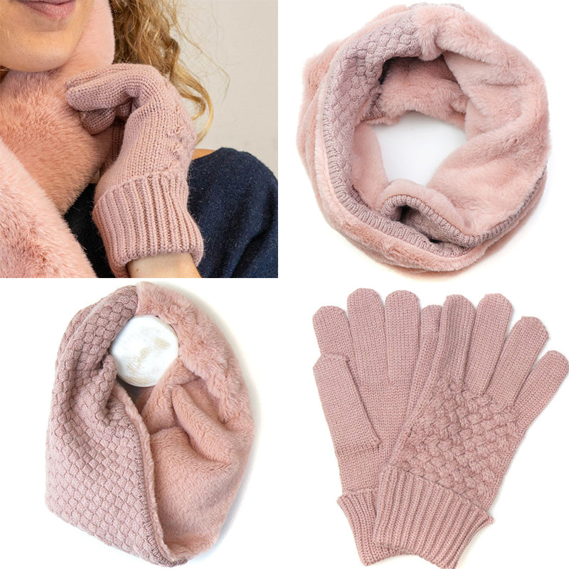 (d1) POM Matching PInk Cosy Faux Fur Snood And Textured Knitted Gloves Set