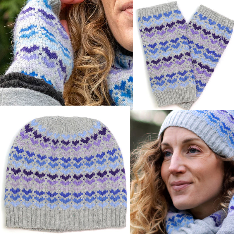 (d1) POM Grey Blue Beanie Hat And Wrist Warmers Set