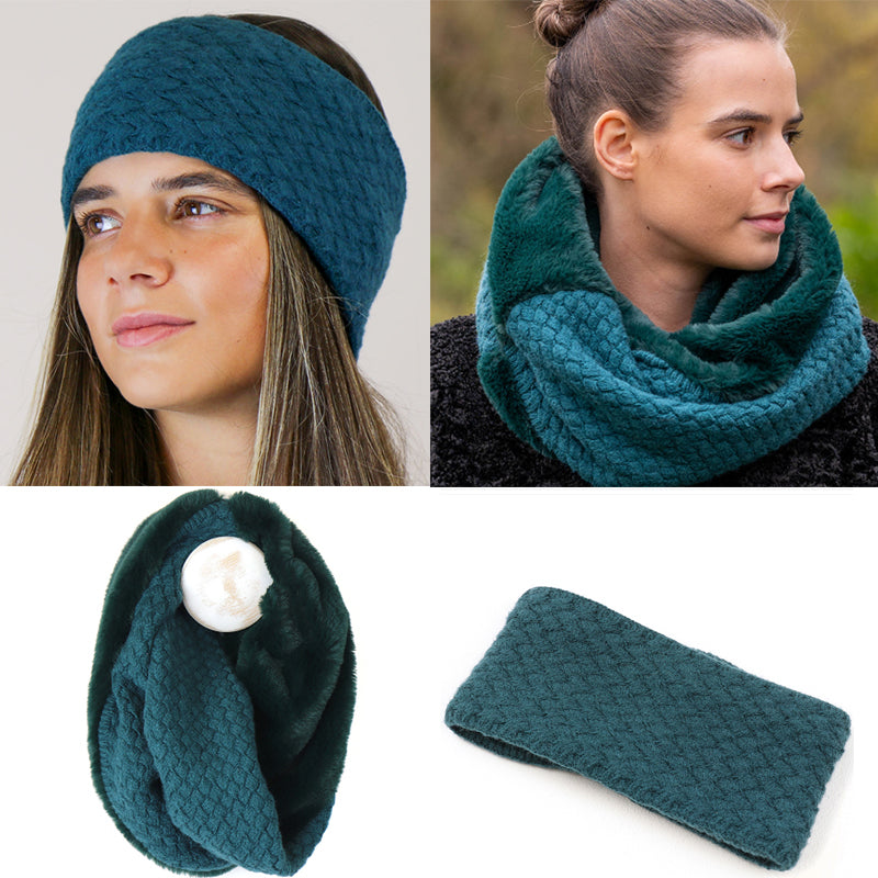 (a34c) POM Matching Teal Cosy Faux Fur Snood And Textured Knitted Gloves Set