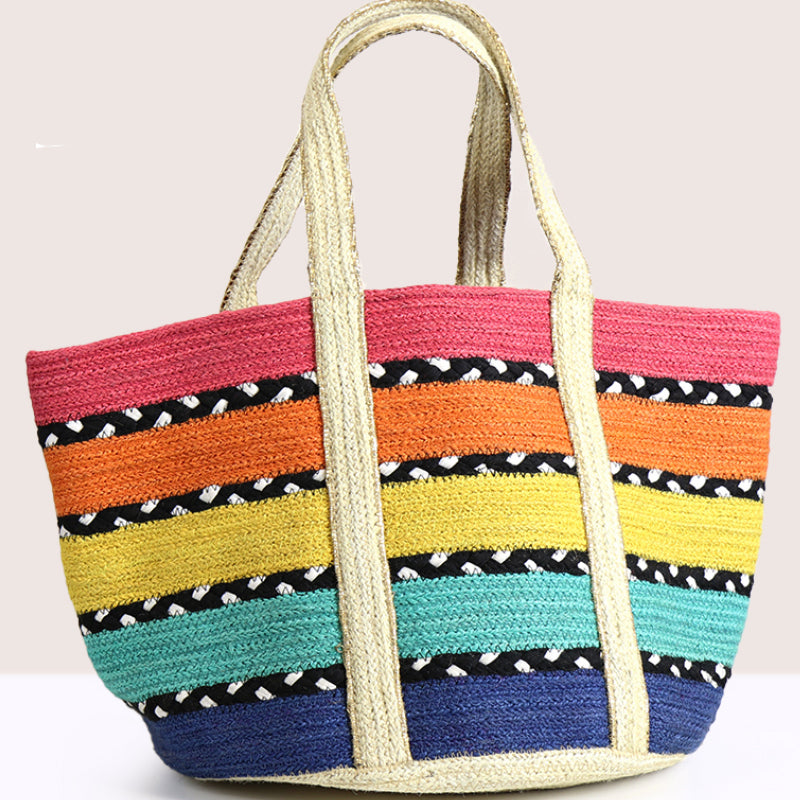 POM Multicoloured Jute Shoulder Tote Holiday Bag