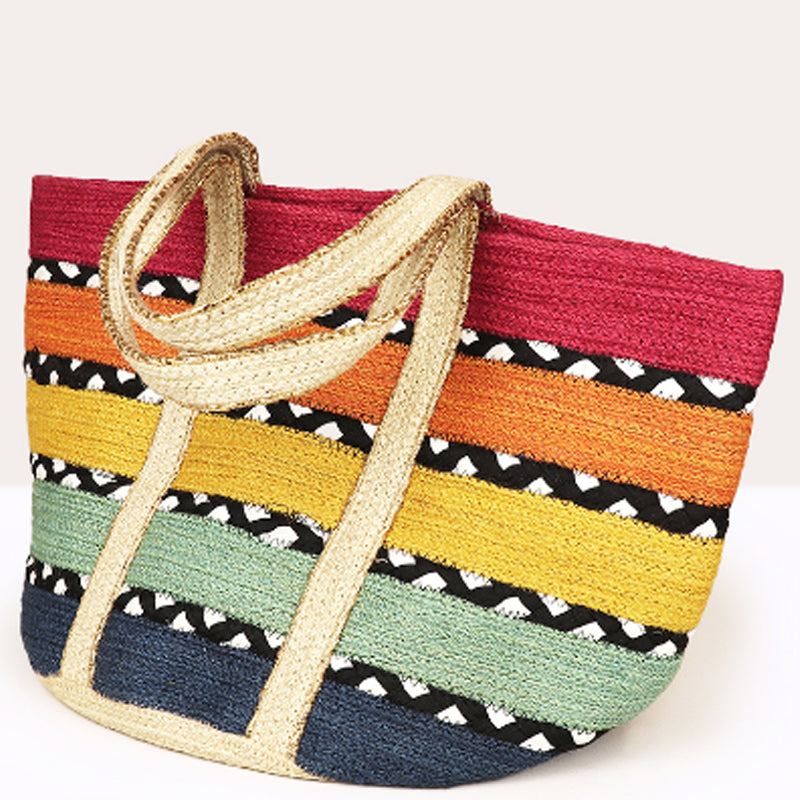 (a) P.O.M. Multicoloured Jute Shoulder Tote Holiday Bag