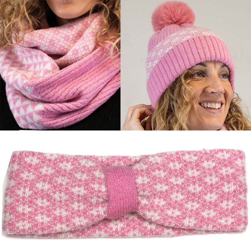 (a34) P.O.M Pink Scandi Mixed Knit Snood Bobble Hat And Headband Set