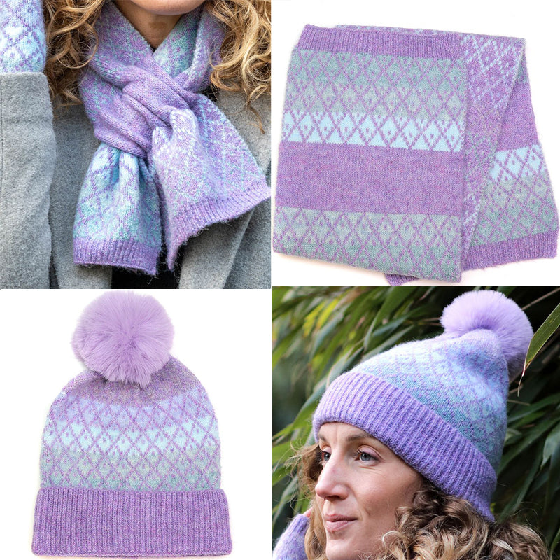 (a38a) P.O.M. Lilac Scandi Pull Through Scarf And Bobble Hat Set