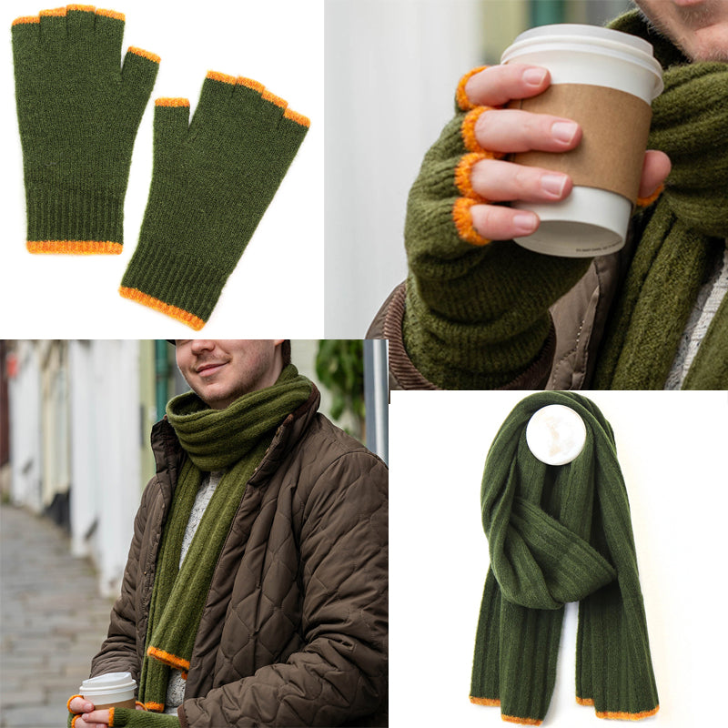 (a) P.O.M Mens Recycled Scarf Beanie Hat And Gloves Set Green