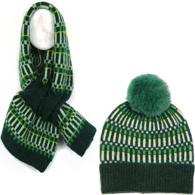 (b8) P.O.M Green Pull Through Scarf And Bobble Hat SET OF TWO