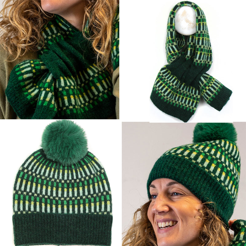 (b8) P.O.M Green Pull Through Scarf And Bobble Hat SET OF TWO