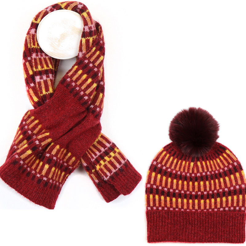 (b8) P.O.M Red Pull Through Scarf And Bobble Hat SET OF TWO