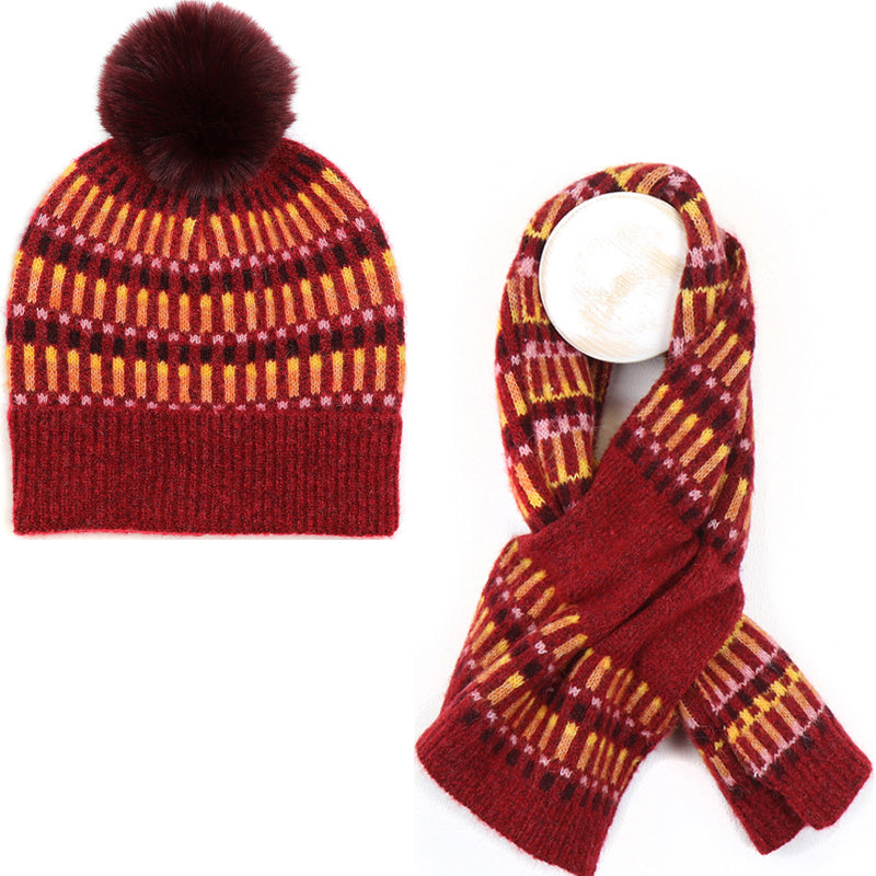 (b8) P.O.M Red Pull Through Scarf And Bobble Hat SET OF TWO