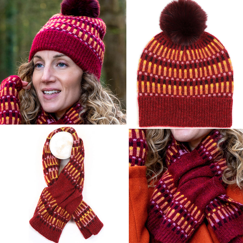 (b8) P.O.M Red Pull Through Scarf And Bobble Hat SET OF TWO