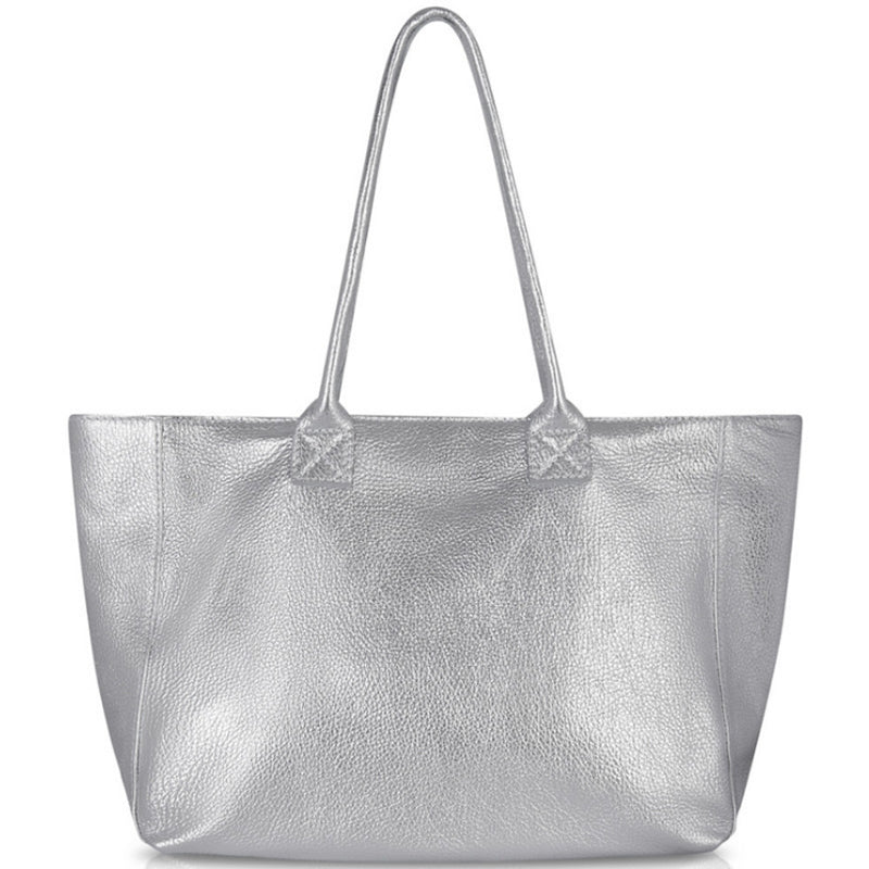 (a) Your Bag Heaven Silver Soft Metallic Leather Large Tote Shopper Bag
