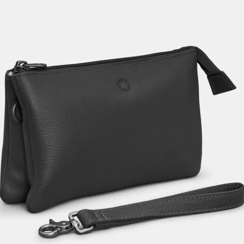 (A2) Yoshi Black Leather Crossbody Shoulder Wrist Clutch Multiway Bag