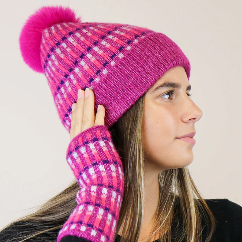 () P.O.M Fuschia Pull Through Scarf And Bobble Hat And Wrist Warmers Set