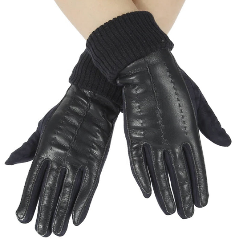 Bag Heaven (a) Black Leather And Fabric Ladies Gloves