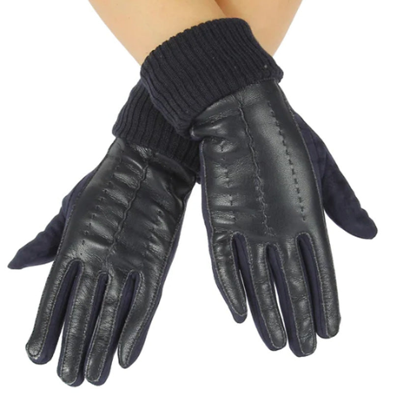 Bag Heaven (a) Navy Blue Leather And Fabric Ladies Gloves