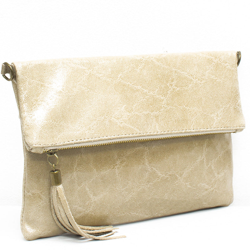 Your Bag Heaven (ac) Fold Over Beige Crackle Leather Clutch Crossbody Shoulder Bag