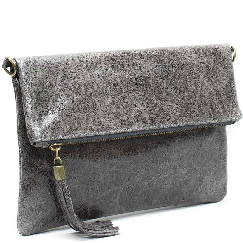 Your Bag Heaven (ac) Fold Over Dark Grey Crackle Leather Clutch Crossbody Shoulder Bag