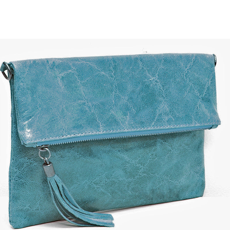 Your Bag Heaven (ac) Fold Over Turquoise Crackle Leather Clutch Crossbody Shoulder Bag