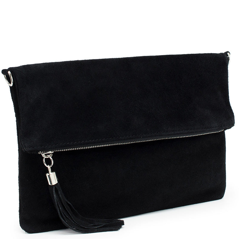 Your Bag Heaven (a) Fold Over Black Suede Clutch Crossbody Shoulder Bag