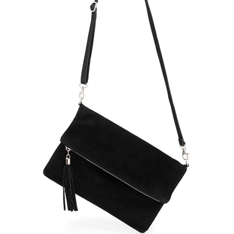 Your Bag Heaven (a) Fold Over Black Suede Clutch Crossbody Shoulder Bag