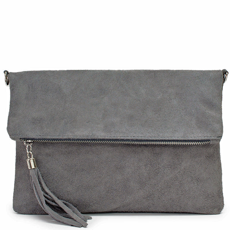 Your Bag Heaven (a) Fold Over Dark Grey Suede Clutch Crossbody Shoulder Bag
