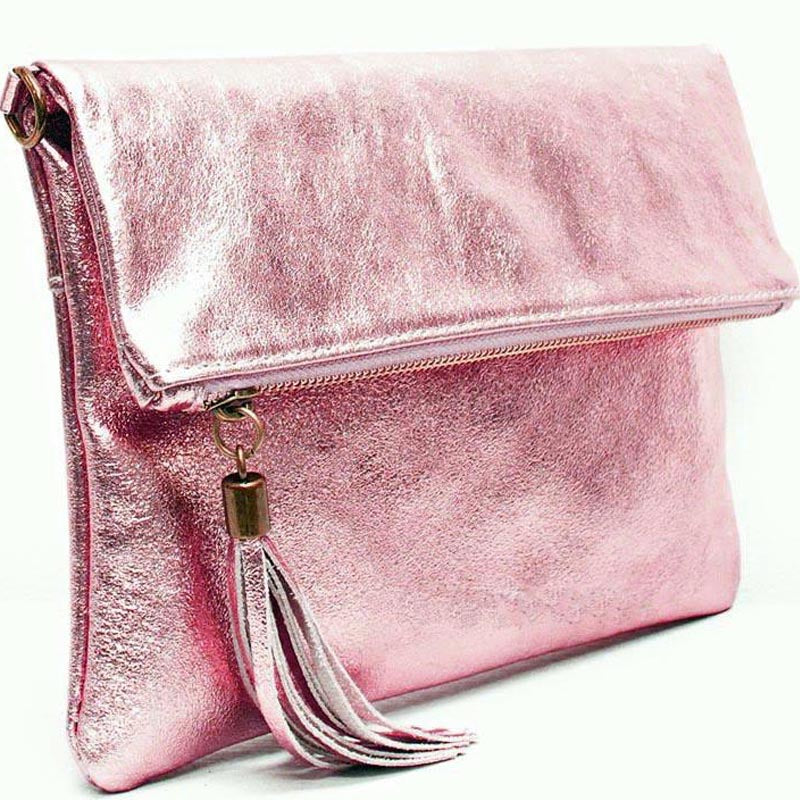 Your Bag Heaven (1f) Metallic Pink Leather Clutch Crossbody Shoulder Bag
