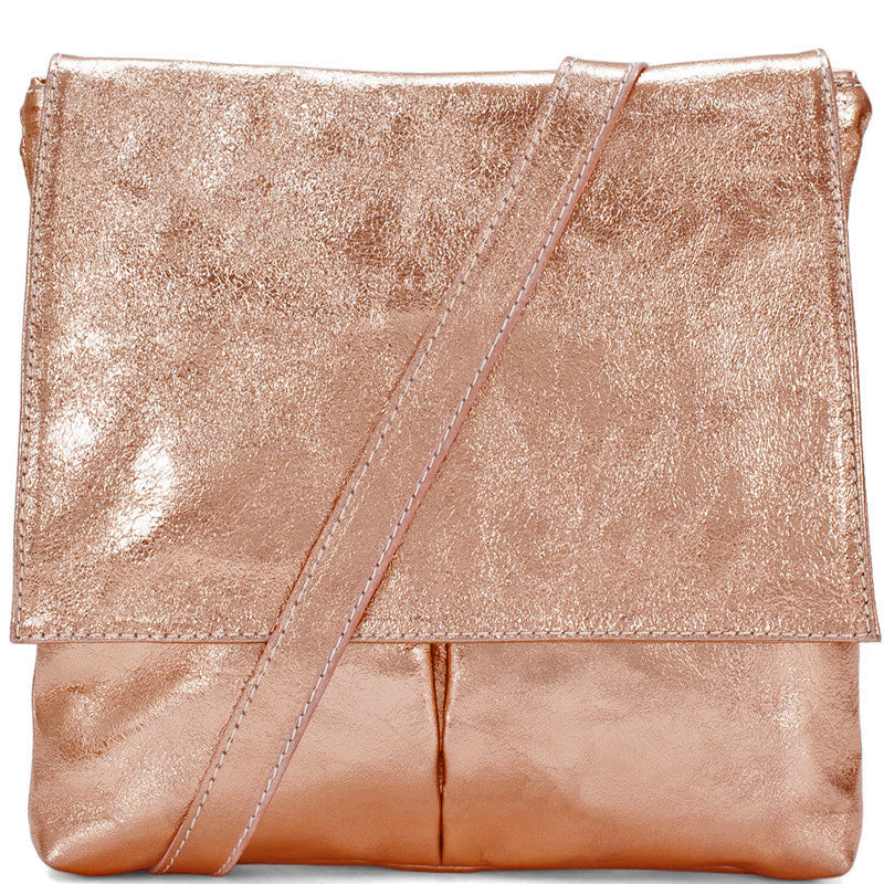 (1a) Your Bag Heaven Metallic Rose Gold Leather Crossbody Shoulder Bag