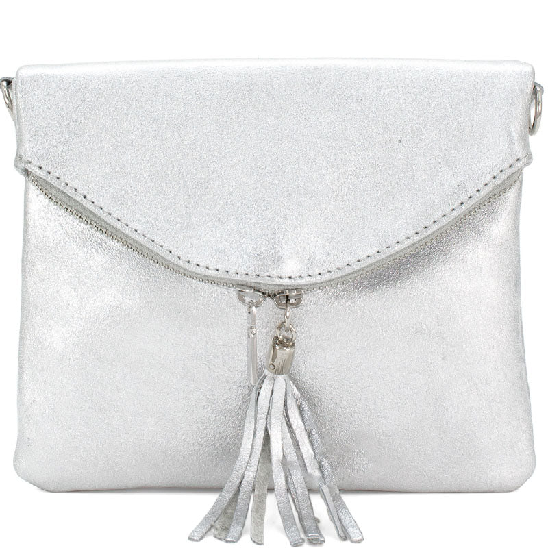 (a4) Your Bag Heaven Silver Metallic Leather Crossbody Shoulder Bag