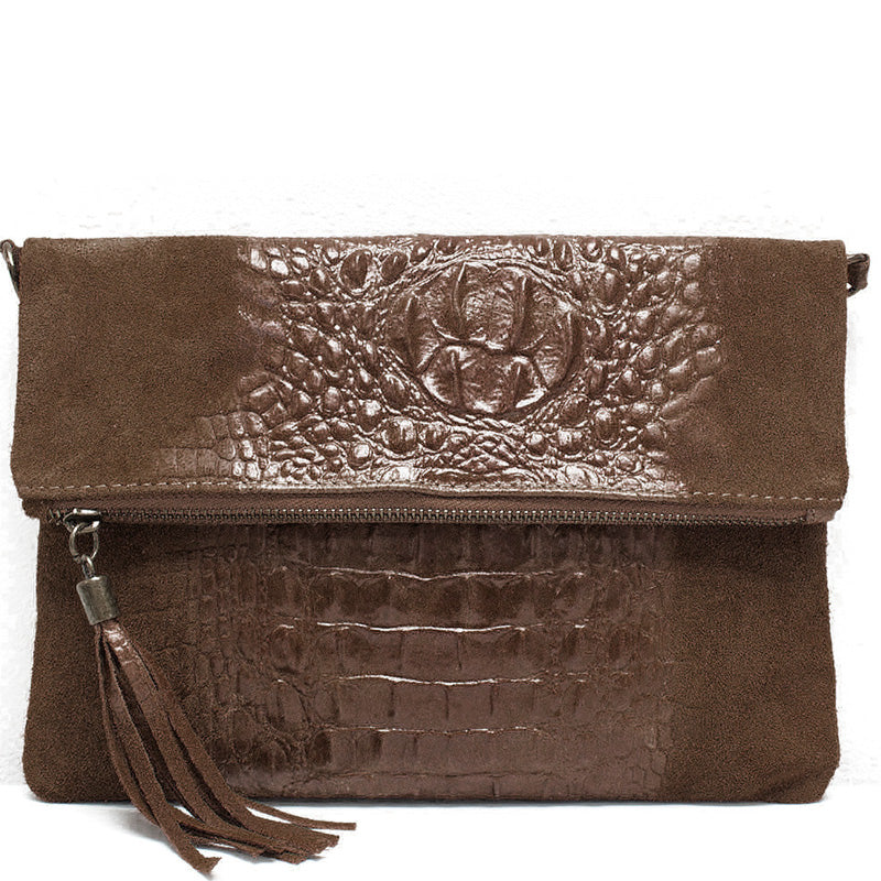 (a1) Your Bag Heaven Fold Over Brown Suede Leather Mix Clutch Crossbody Shoulder Bag