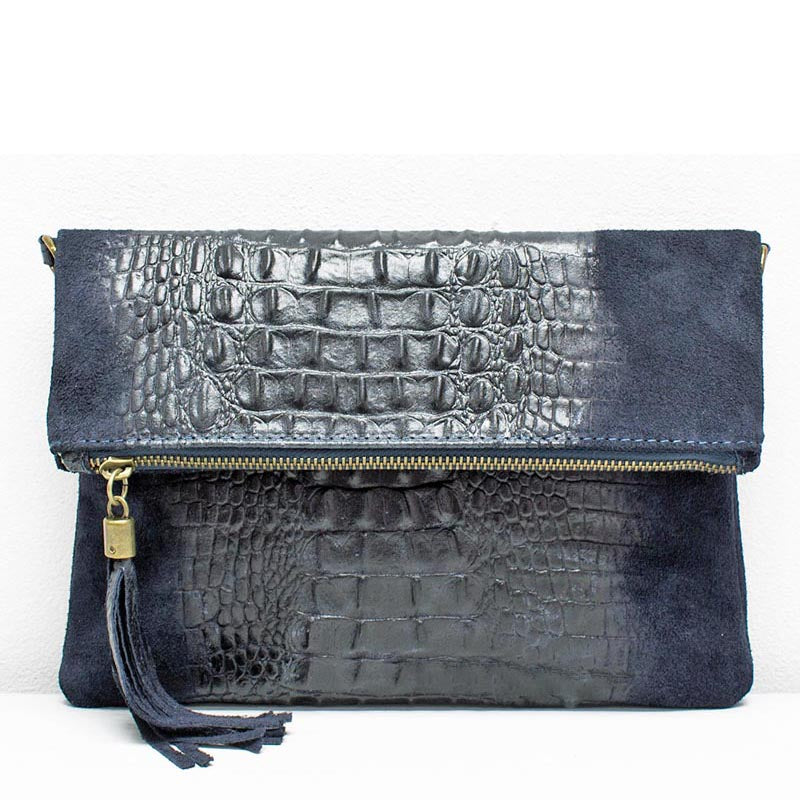(a1) Your Bag Heaven Fold Over Navy Blue Suede Leather Mix Clutch Crossbody Shoulder Bag