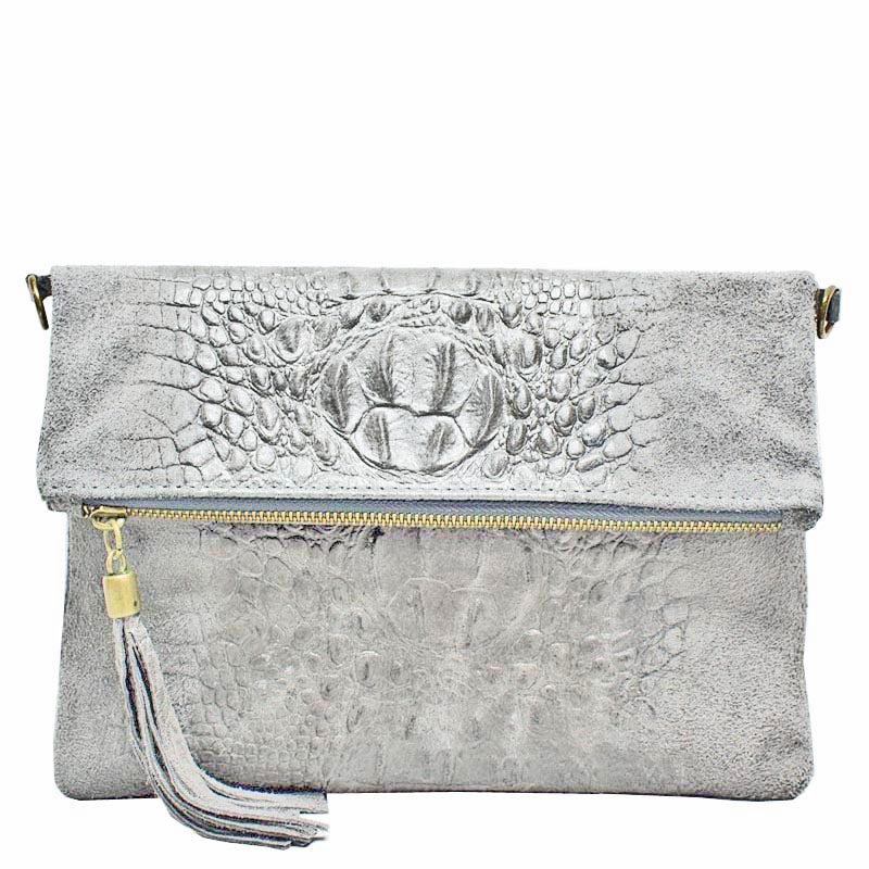 (a1) Your Bag Heaven Fold Over Light Grey Suede Leather Mix Clutch Crossbody Shoulder Bag