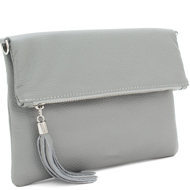 Your Bag Heaven (a) Fold Over Light Grey Leather Clutch Crossbody Shoulder Bag