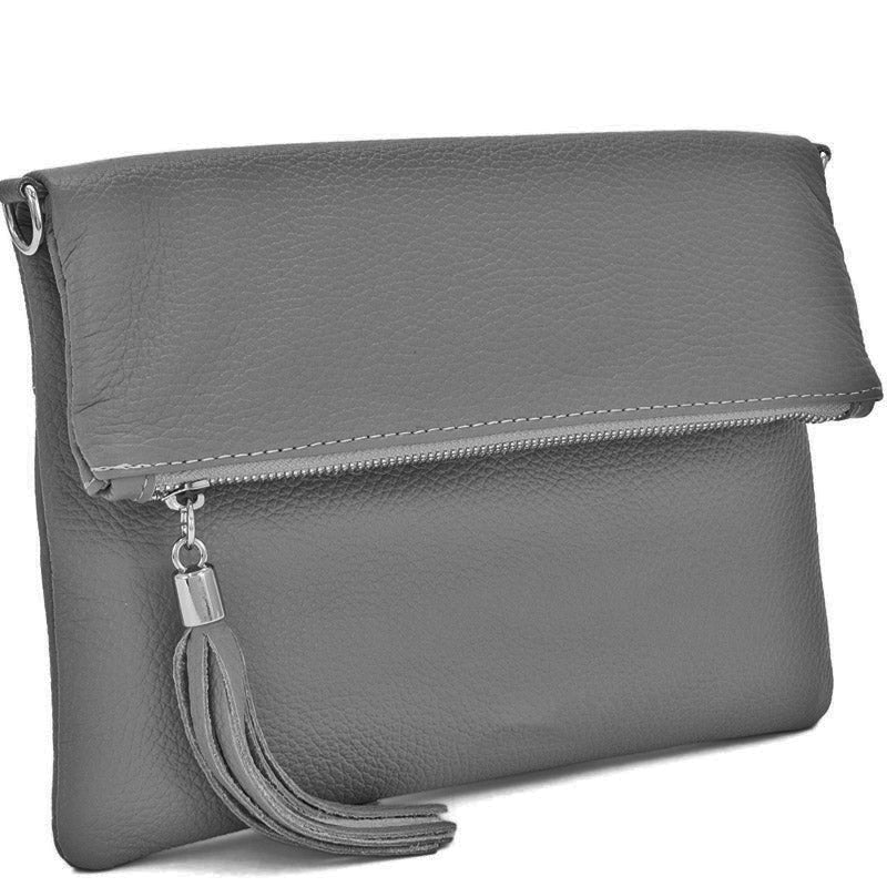 Your Bag Heaven (a) Fold Over Dark Grey Leather Clutch Crossbody Shoulder Bag