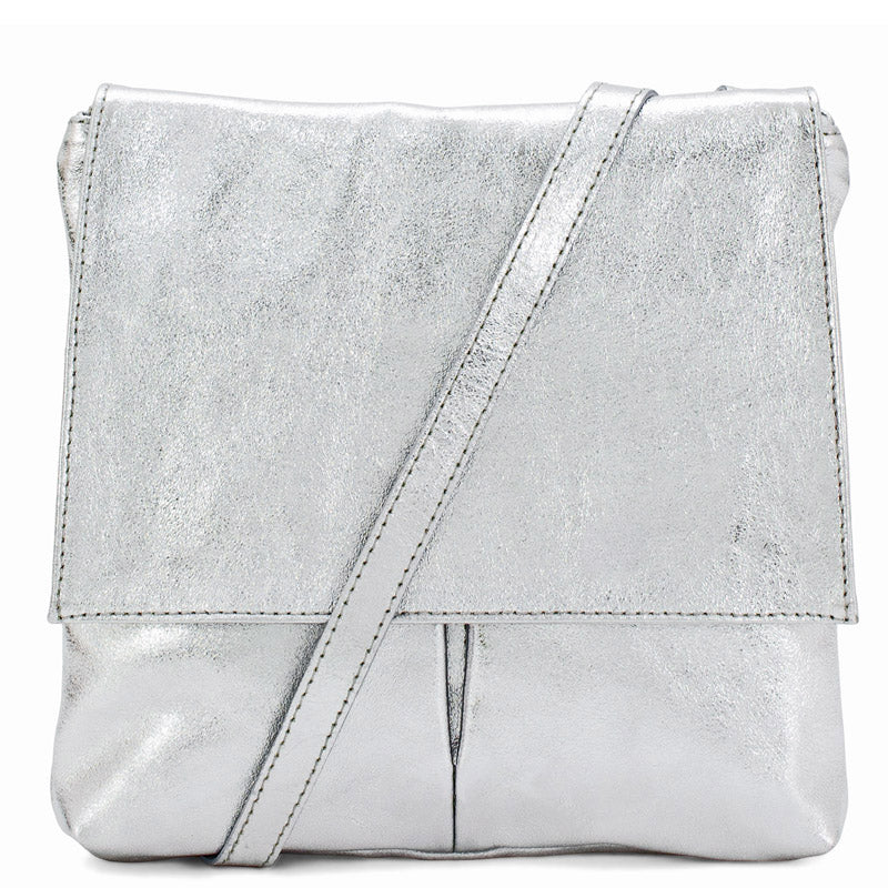(1a) Your Bag Heaven Metallic Silver Leather Crossbody Shoulder Bag