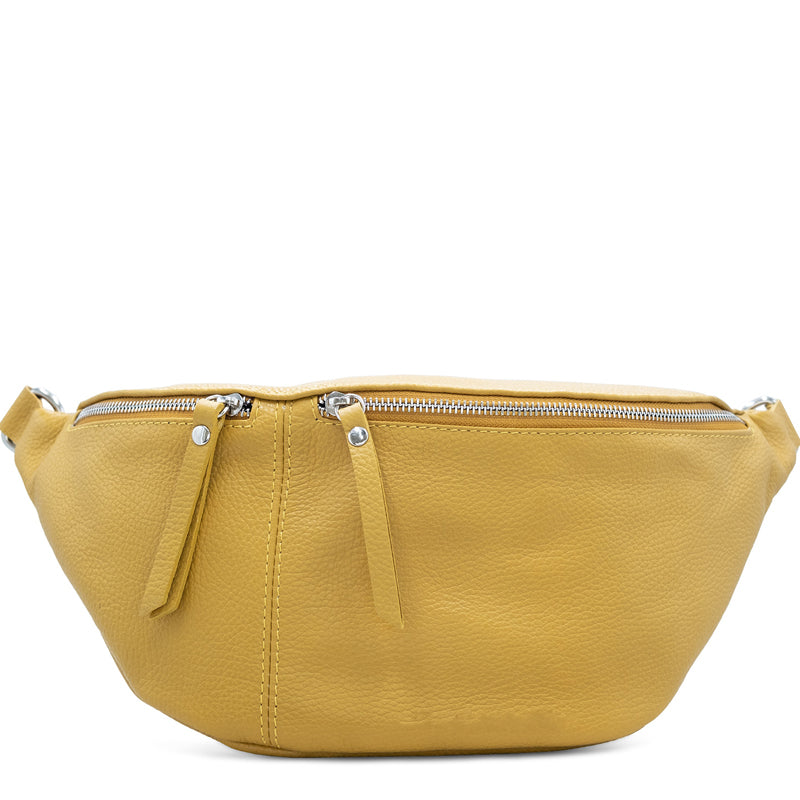 (a1)Your Bag Heaven Mustard Yellow Leather XL Crossbody Waist Sling Bag