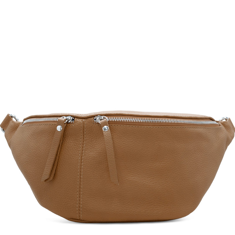 (a3) Your Bag Heaven Tan Leather XL Crossbody Waist Sling Bag