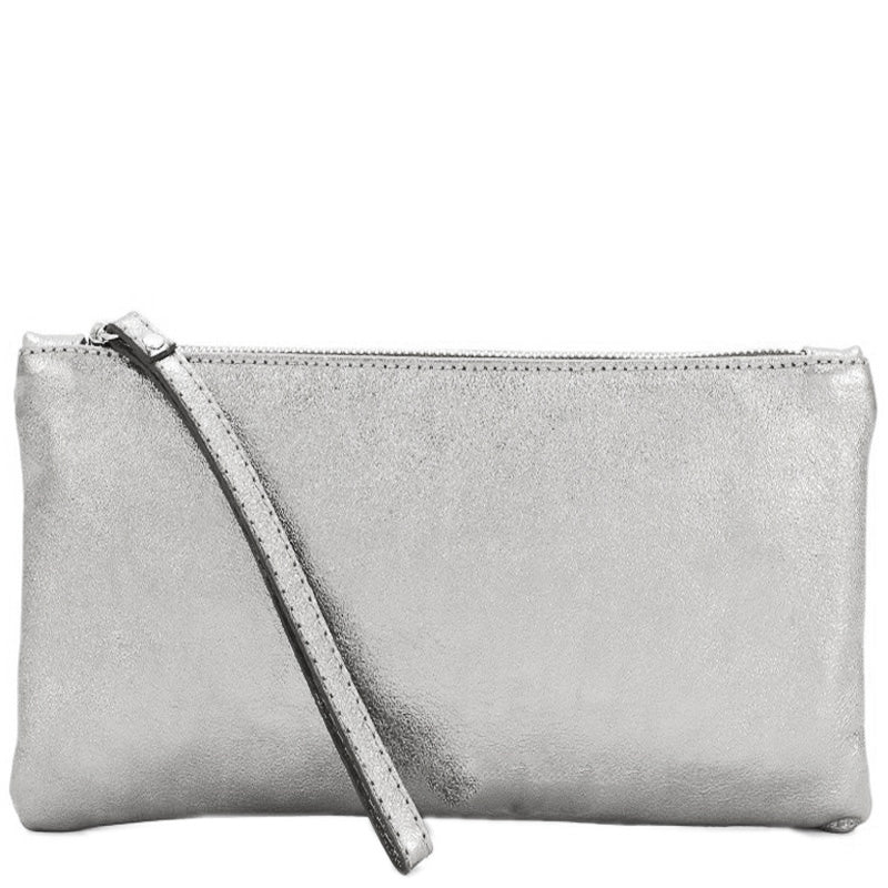 (a) Your Bag Heaven Metallic Silver Leather Clutch Bag Wrist Bag