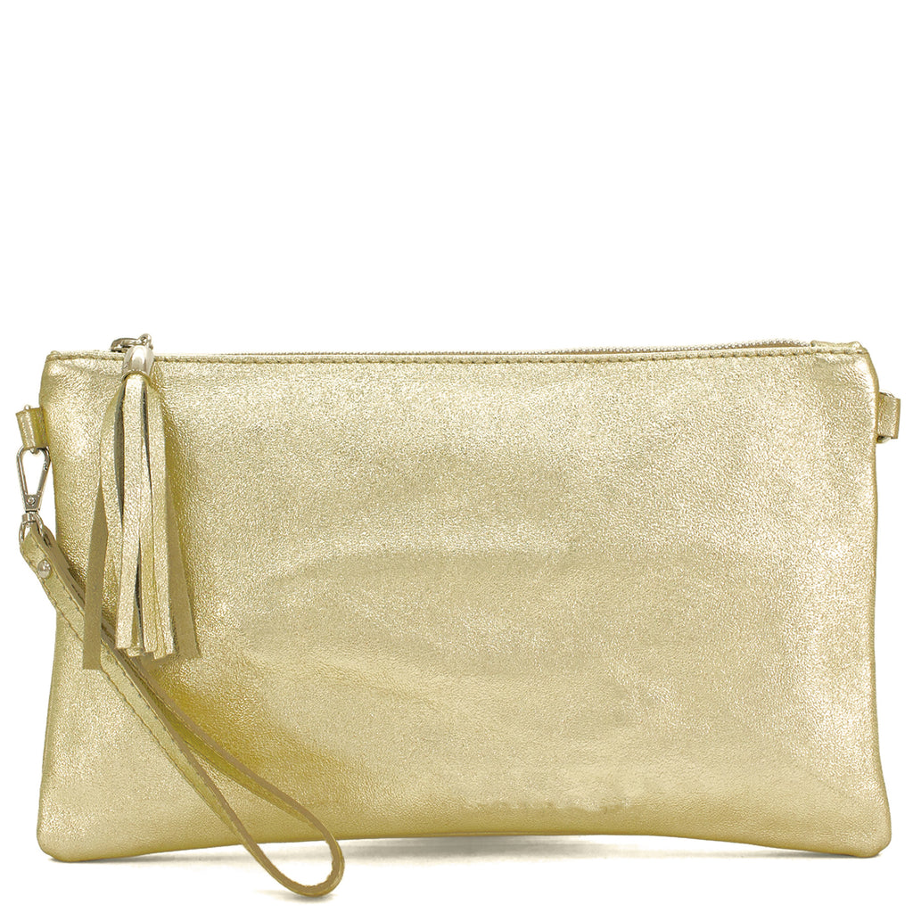 (a) Your Bag Heaven Metallic Gold Leather Clutch Bag Wrist Bag Crossbody Shoulder Bag