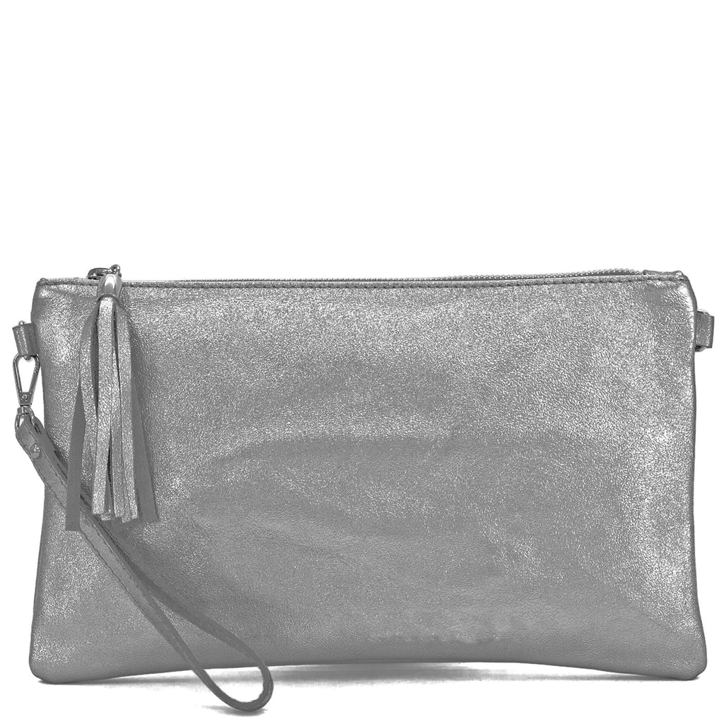 Your Bag Heaven (ba) Metallic Pewter Leather Clutch Bag Wrist Bag Crossbody Shoulder Bag
