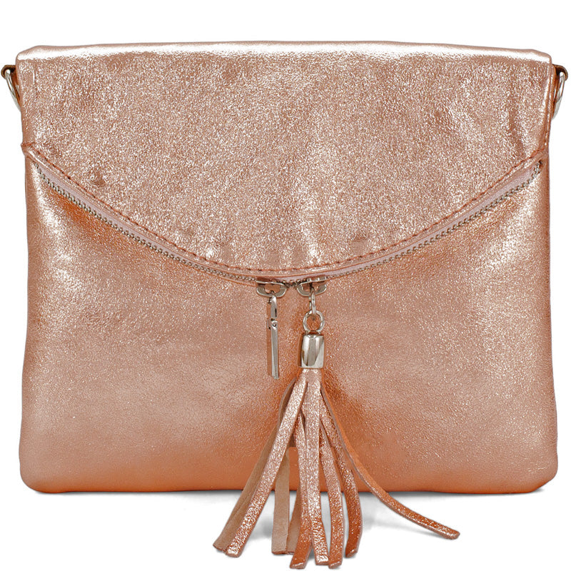 (1a) Your Bag Heaven Rose Gold Metallic Leather Crossbody Shoulder Bag