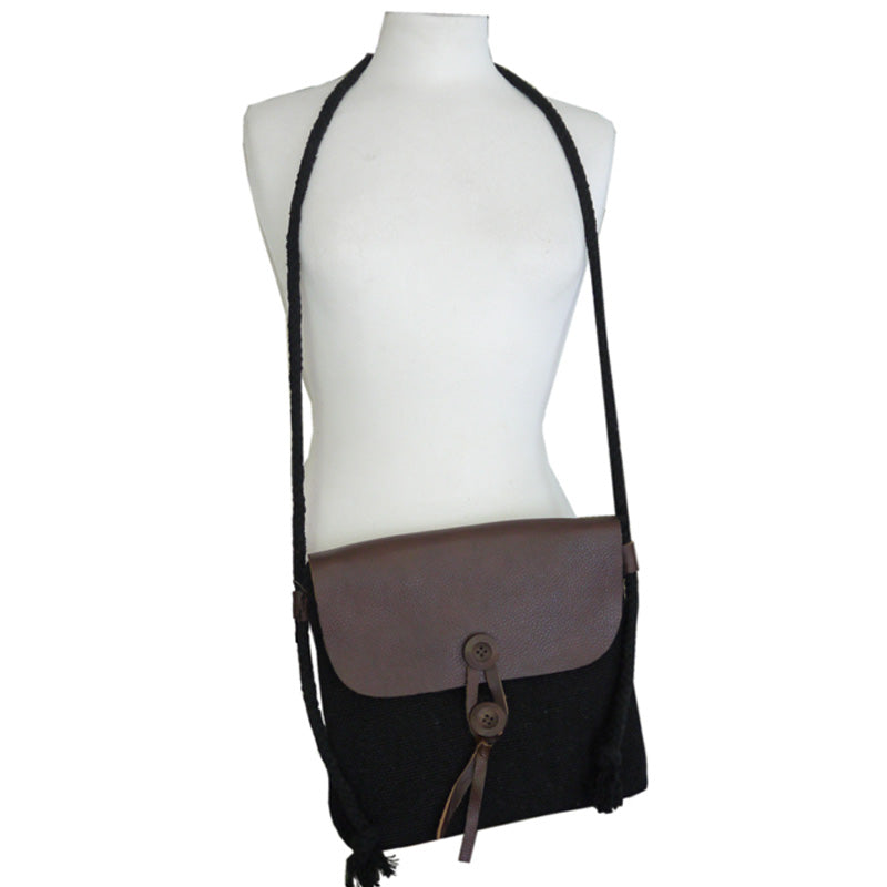 Your Bag Heaven Black Leather Canvas Crossbody Shoulder Bag