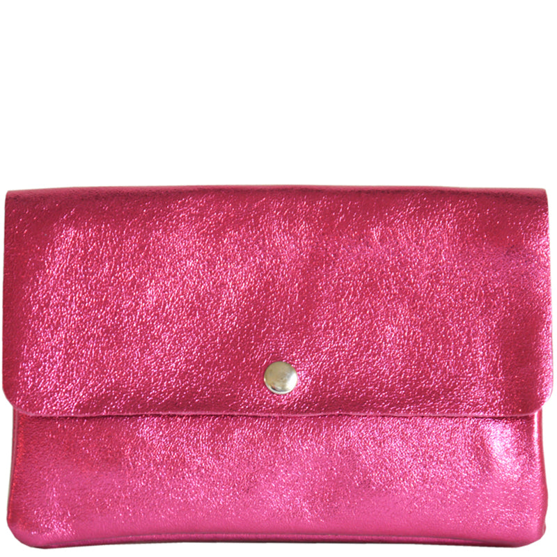 (a2) Your Bag Heaven Metallic Fuschia Pink Leather Clutch Crossbody Shoulder Bag