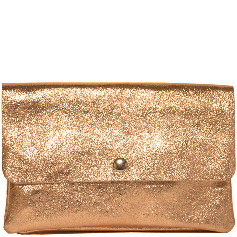 (a2) Your Bag Heaven Metallic Rose Gold Leather Clutch Crossbody Shoulder Bag