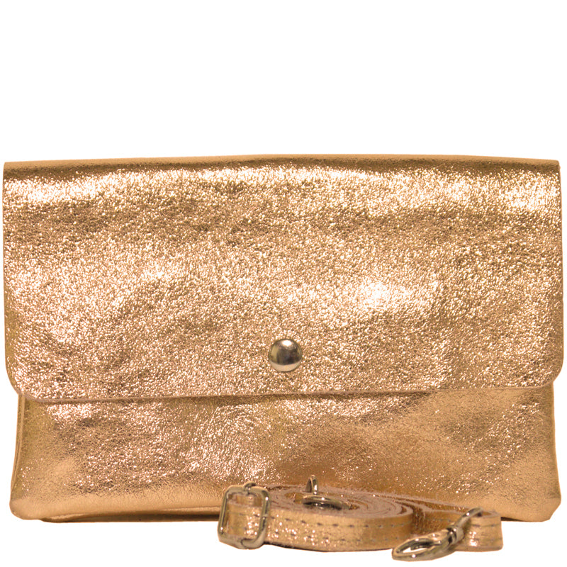 (a1) Your Bag Heaven Metallic Rose Gold Leather Clutch Crossbody Shoulder Bag