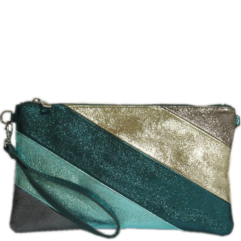 (a) Your Bag Heaven Metallic Green Multi Leather Clutch Crossbody Shoulder Wrist Bag