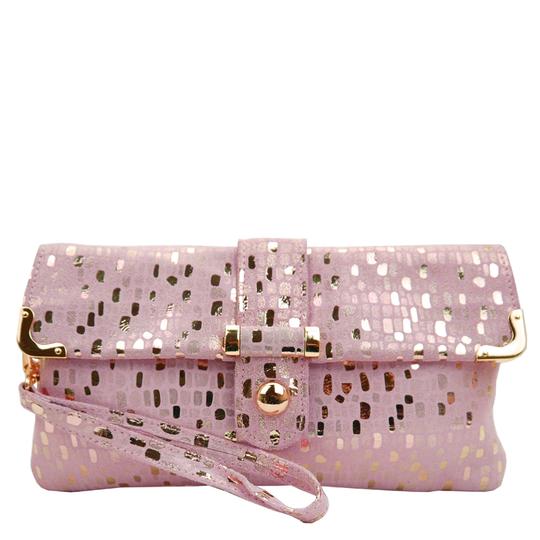 (a1) Malissa J Clutch Wrist Crossbody Shoulder Bag Pink Metallic Leather