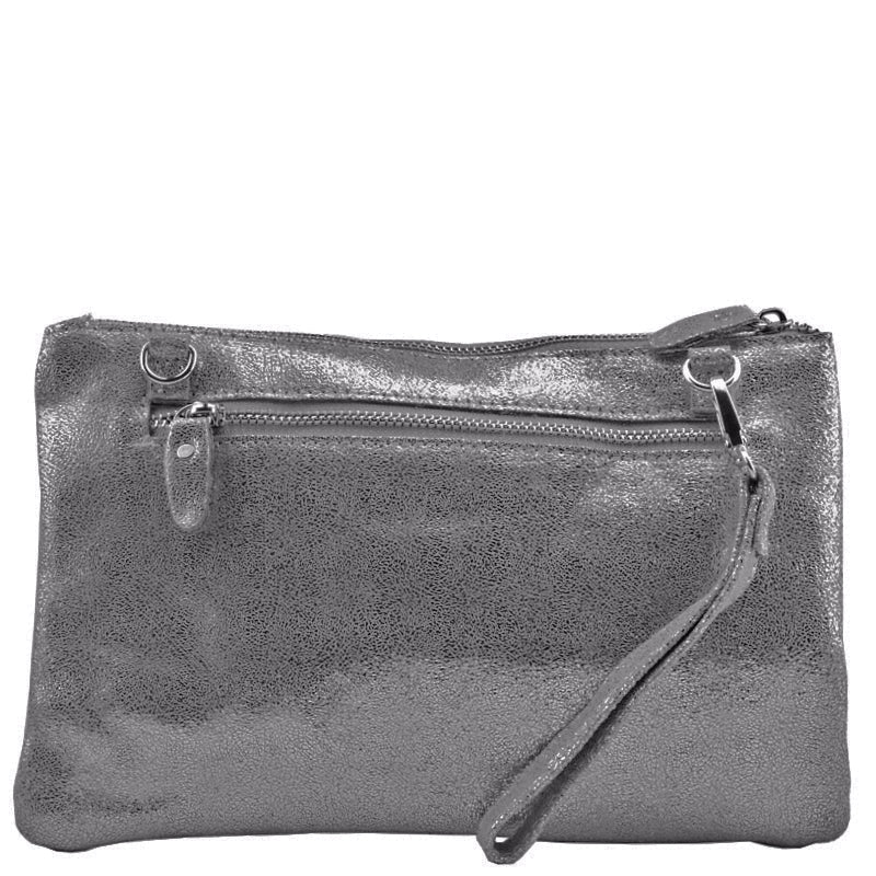 Malissa J (1g) Wrist Clutch Crossbody Shoulder Bag Pewter Metallic Leather